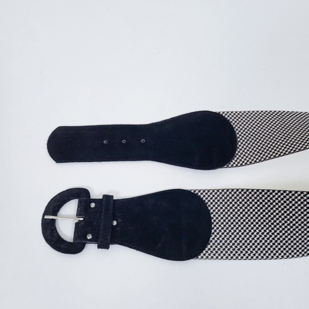 90s Houndstooth Belt Wide Buckle Thick Suede Black White - Picture 8 of 12